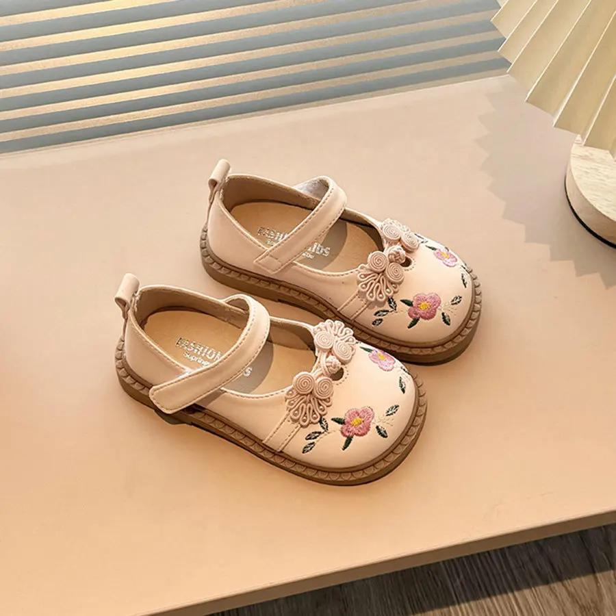 Móda Dětská Kožená Bota Móda Vyšívané Květiny Dívčí Ploché Boty Kauzální Všestranné Jaro Podzim Dětské Princeznovské Boty Protiskluzové