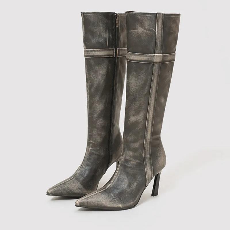 

Fashion Elegant Pointed Toe Side Zipper Design Knee Boots Women Autumn Winter Retro Knight Boots Comfort Waterproof Botas Largas Mujer 40 чёрный