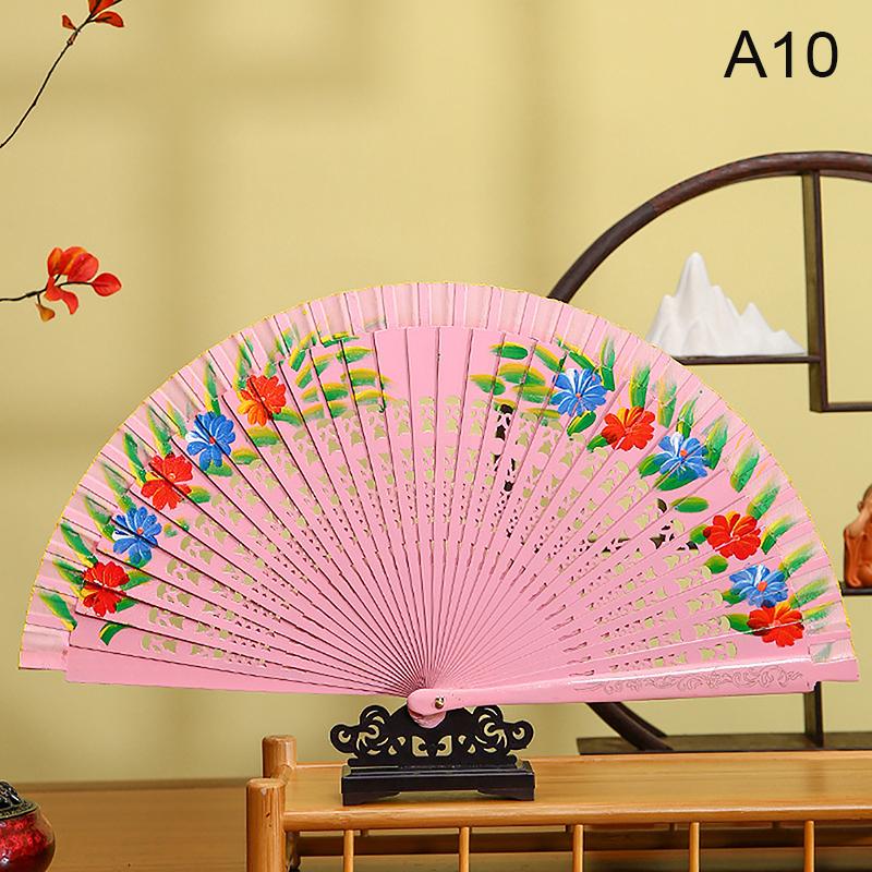 1Pc Chinese Style Double-Sided Folding Fan Hollow Double-sided Craft Gift Dancing Printing Wood Spanish Hand Fan Party Supplies