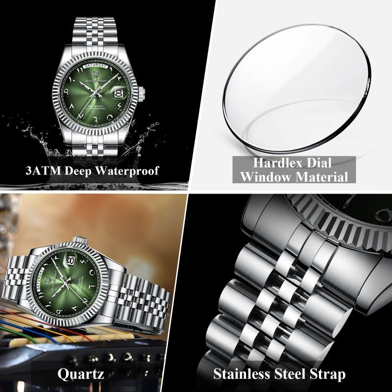 POEDAGAR Fashion High Quality Men Clock Waterproof Date Week Watch for Man Stainless Steel Luxury Quartz Watches + Box