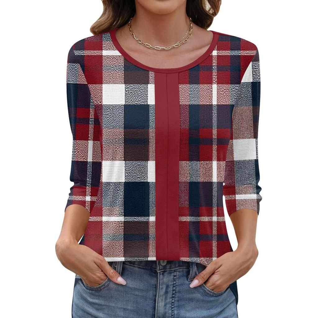 Women's Fashionable Casual Three Quarter Sleeve Printed Collar Pullover Top