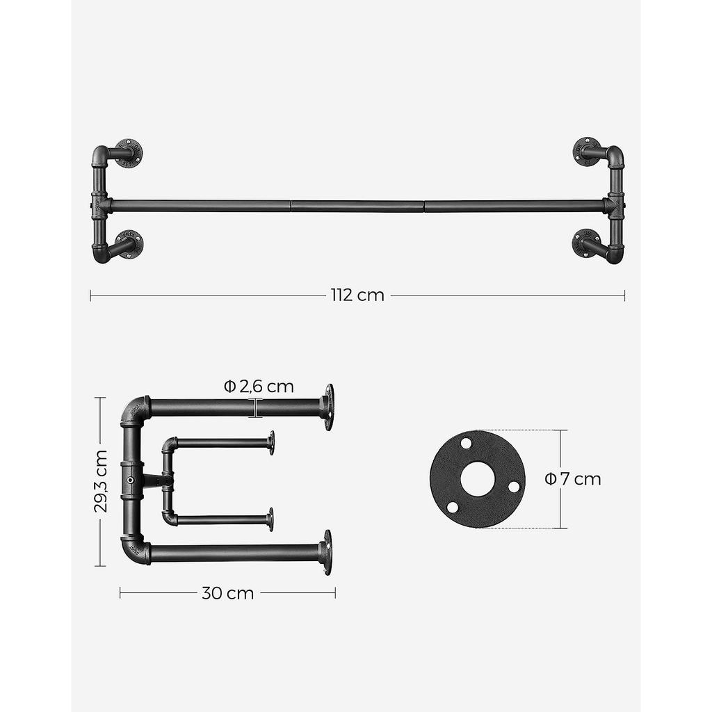 SONGMICS Wall-Mounted Clothes Rack, Set of 2, Industrial Pipe Clothes Hanging Bar, Space-Saving, 110 X 30 X 29.3 Cm, Each Holds Up To 60 Kg