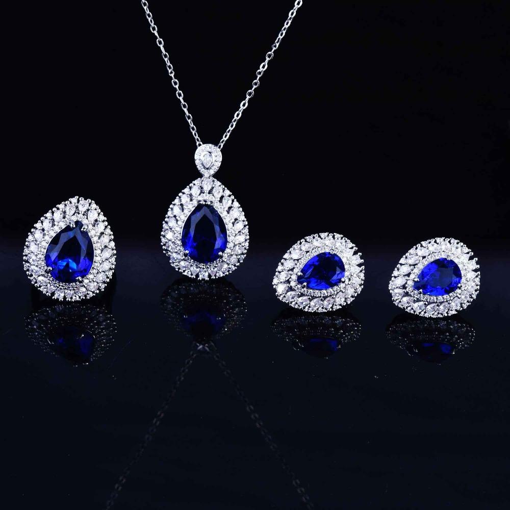 European Elegant Jewelry Set Imitation Sri Lanka Cornflower Blue Sapphire Pendant Open Ring Earrings for Women