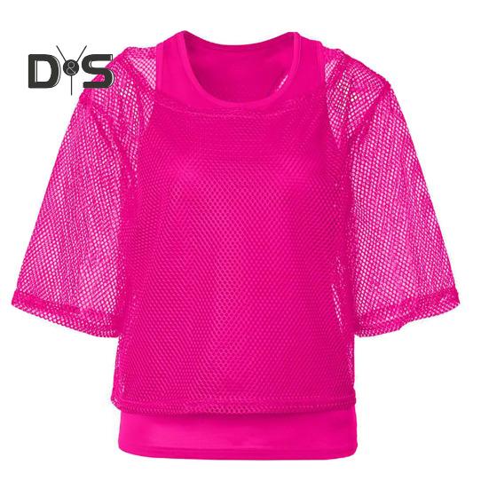 

2 шт./комплект женский сетчатый топ жилет комплект яркий цвет О-образный вырез короткий рукав сетчатый укороченный топ борцовка пуловер жилет комплект XL темно-розовый