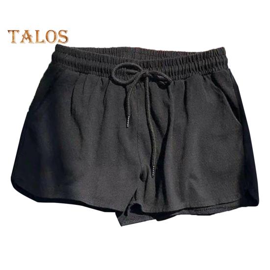 Women Casual Shorts Elastic Waistband Adjustable Drawstring Sport Shorts Solid Color Wide Leg Home Shorts