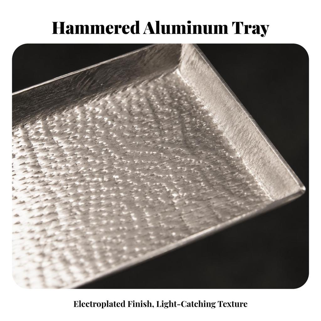 Hammered Rectangular Tray Low-Height Metal Silver-Tone for Dresser