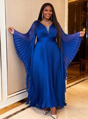 Plus Size Batwing Sleeve Beaded V-Neck Pleated Chiffon Evening Dress