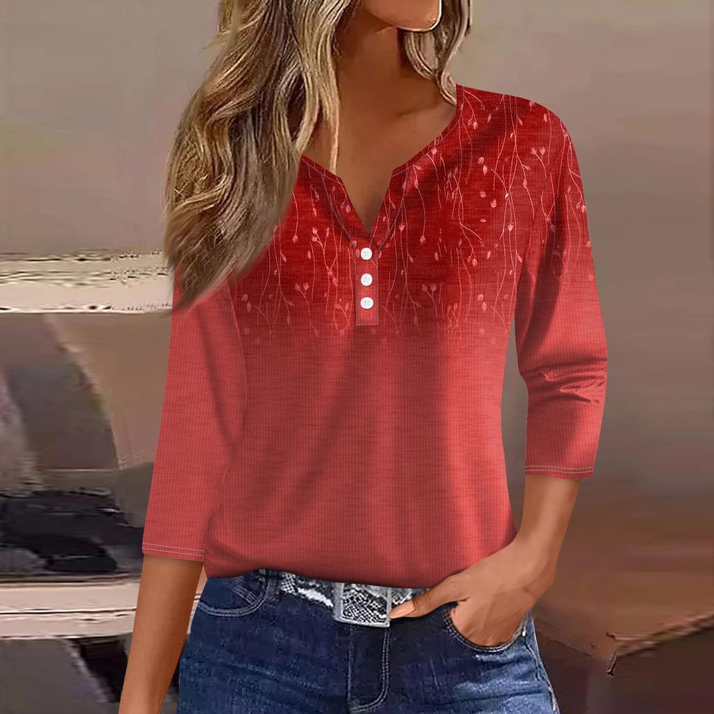Women's T Shirt Tee Print Button 3/4 Sleeve Tunic Daily Weekend Fashion Basic V- Neck Regular Top
