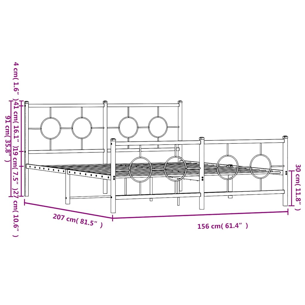 Metal Bed Frame with Headboard and Footboard Black 150 X 200 Cm