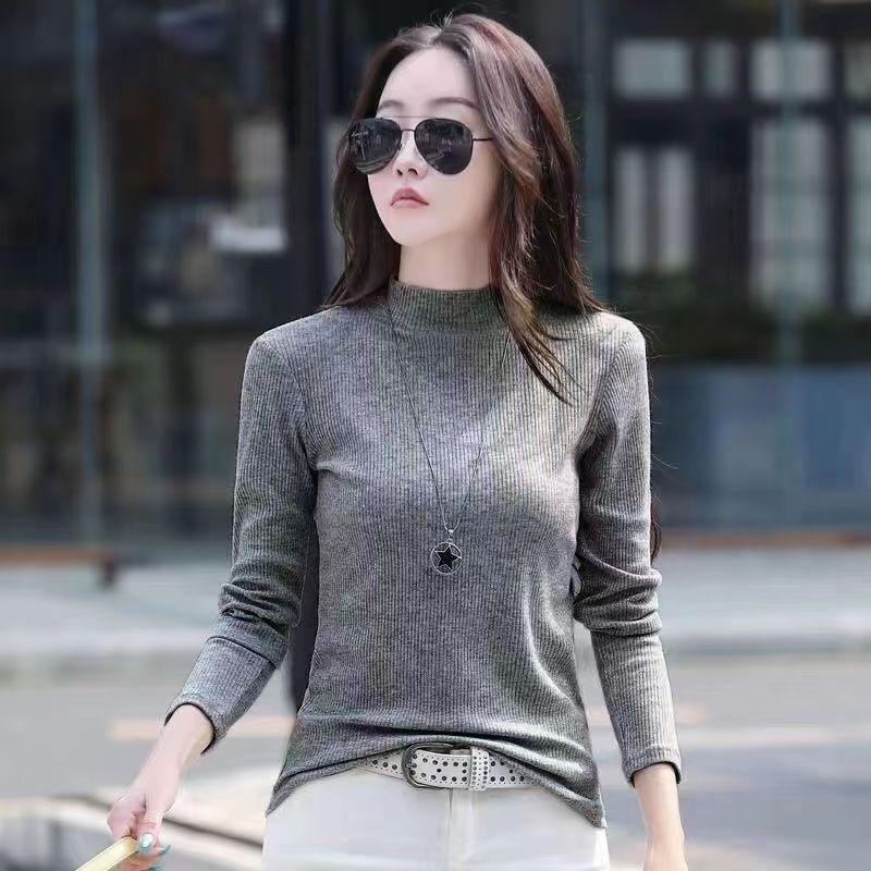 Ladies Autumn Winter Long Sleeve Stand Collar Slim Fit Basic Solid Color Pullover T Shirt Top for Layering