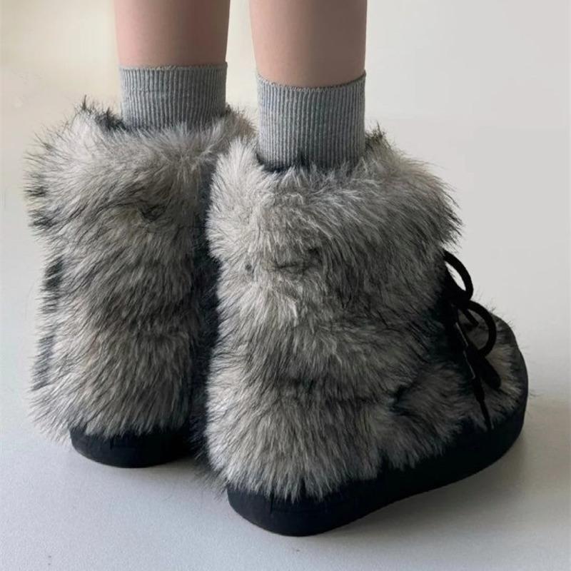 Damskie Buty Śniegowce Futro Projektant Moda Krótki Plusz Płaskie Buty Zimowe Trend Kokarda Platforma Ciepłe Przytulne Buty Zimowe Botas Mujer