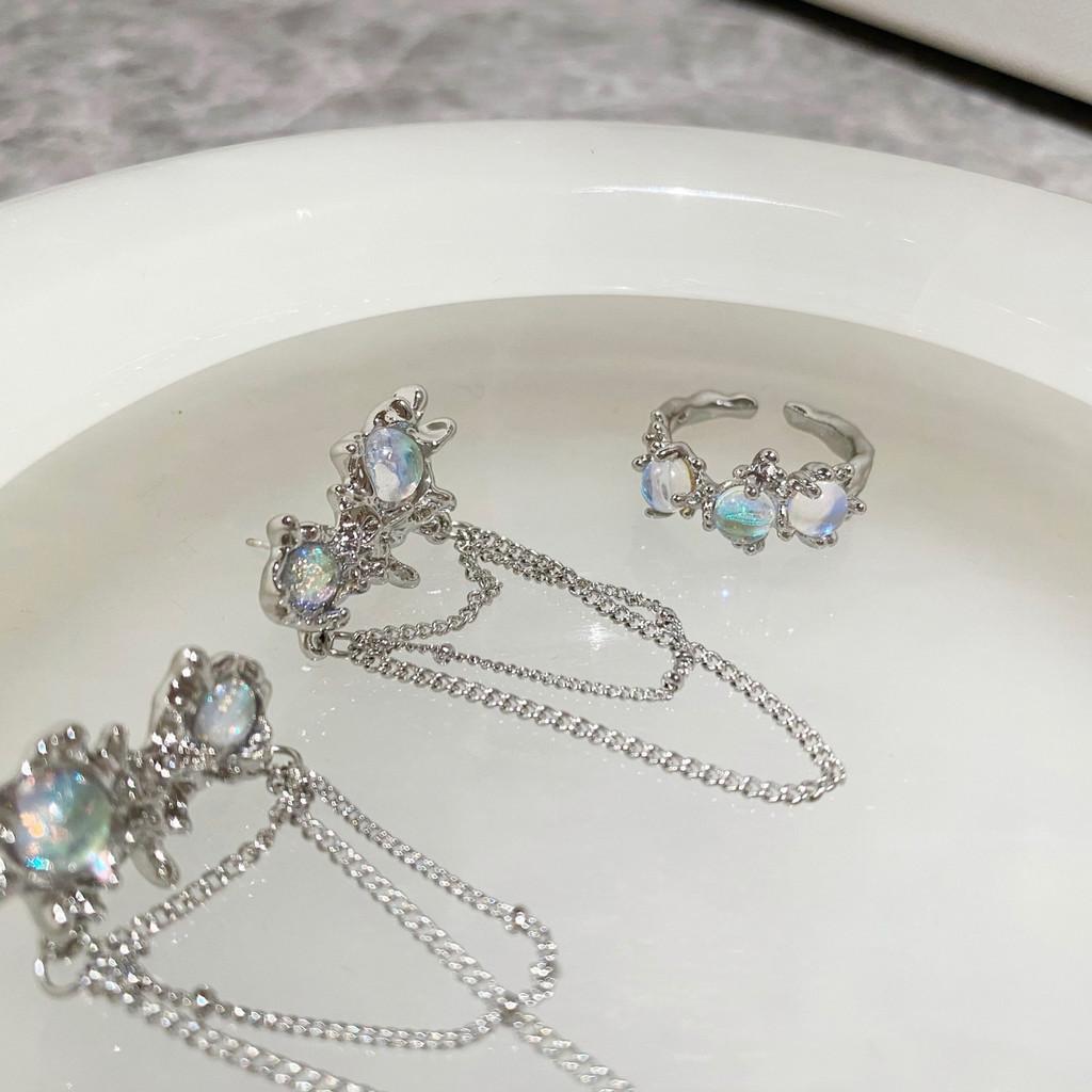 Unique Metal Ring With Iridescent Moonstone Design Adjustable Open Style For Women