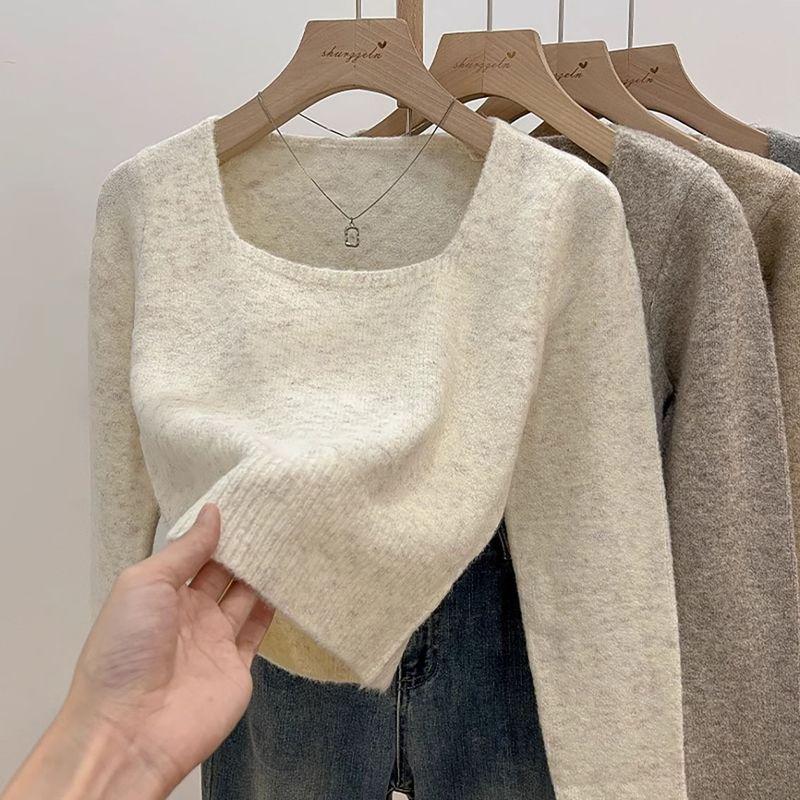 

Square Collar Short Soft Glutinous Small Knitwear Women s Fall and Winter Cashmere Thickened Long Sleeves Sweater Inner Bottoming Shirt Tops Apricot color S [80-47.50kg]]