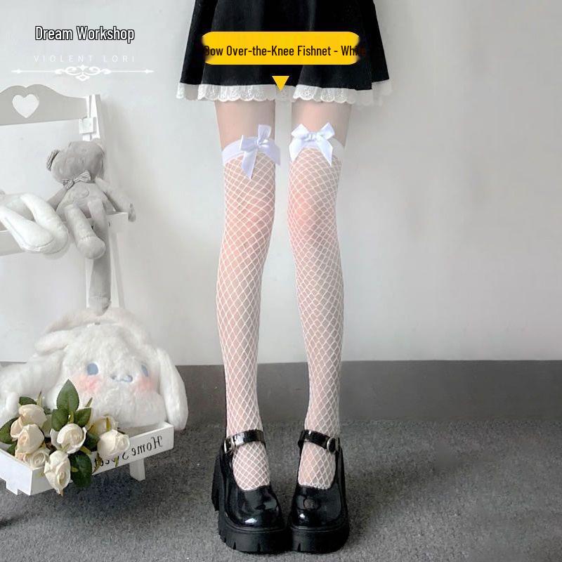 Women's Summer Black Silk and White Fishnet Stockings with Lace, Over-the-Knee Length, Sexy Bow Design
