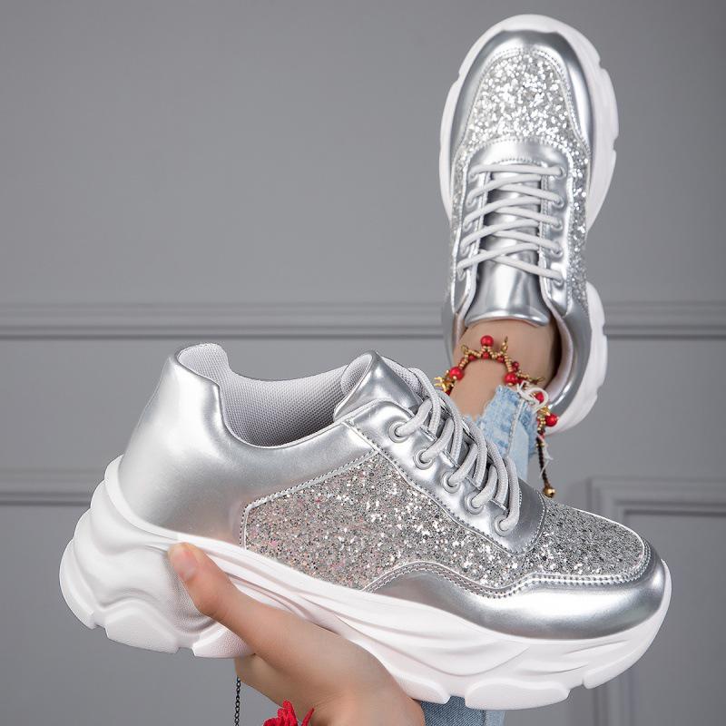 Fashion Shiny Silver Women Casual Shoes Leather Platform Sports Shoes Woman Glitter Bling Sneakers Black Flat Sneakers Skateboard Shoes