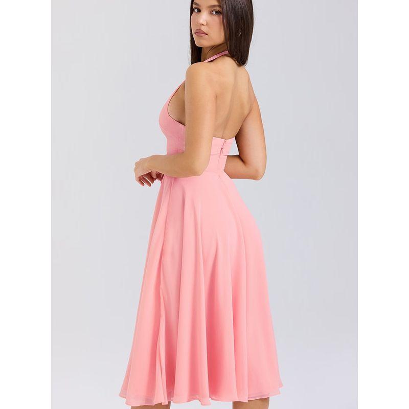 Peach Blossom House Same Style French Atmosphere Peach Pink Deep V Neck Sexy Halter Mid Length Long Length Dress