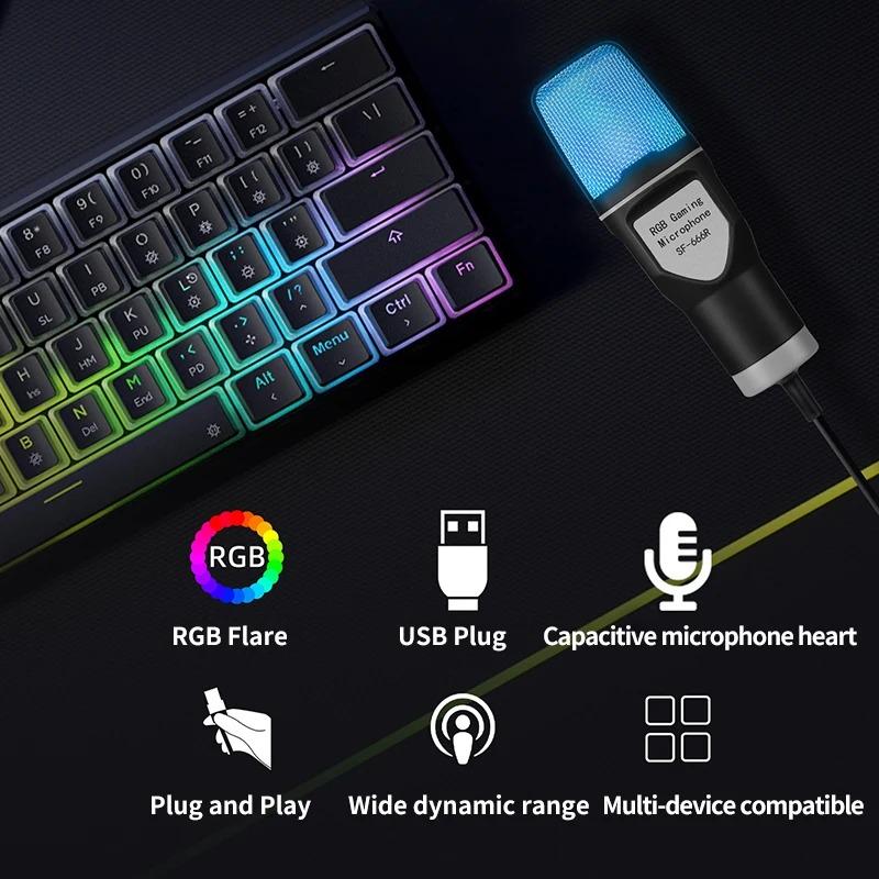 Free Shipping USB Microphone RGB Microfone Condensador Wire Gaming Mic for Podcast Recording Studio Streaming Laptop Desktop PC