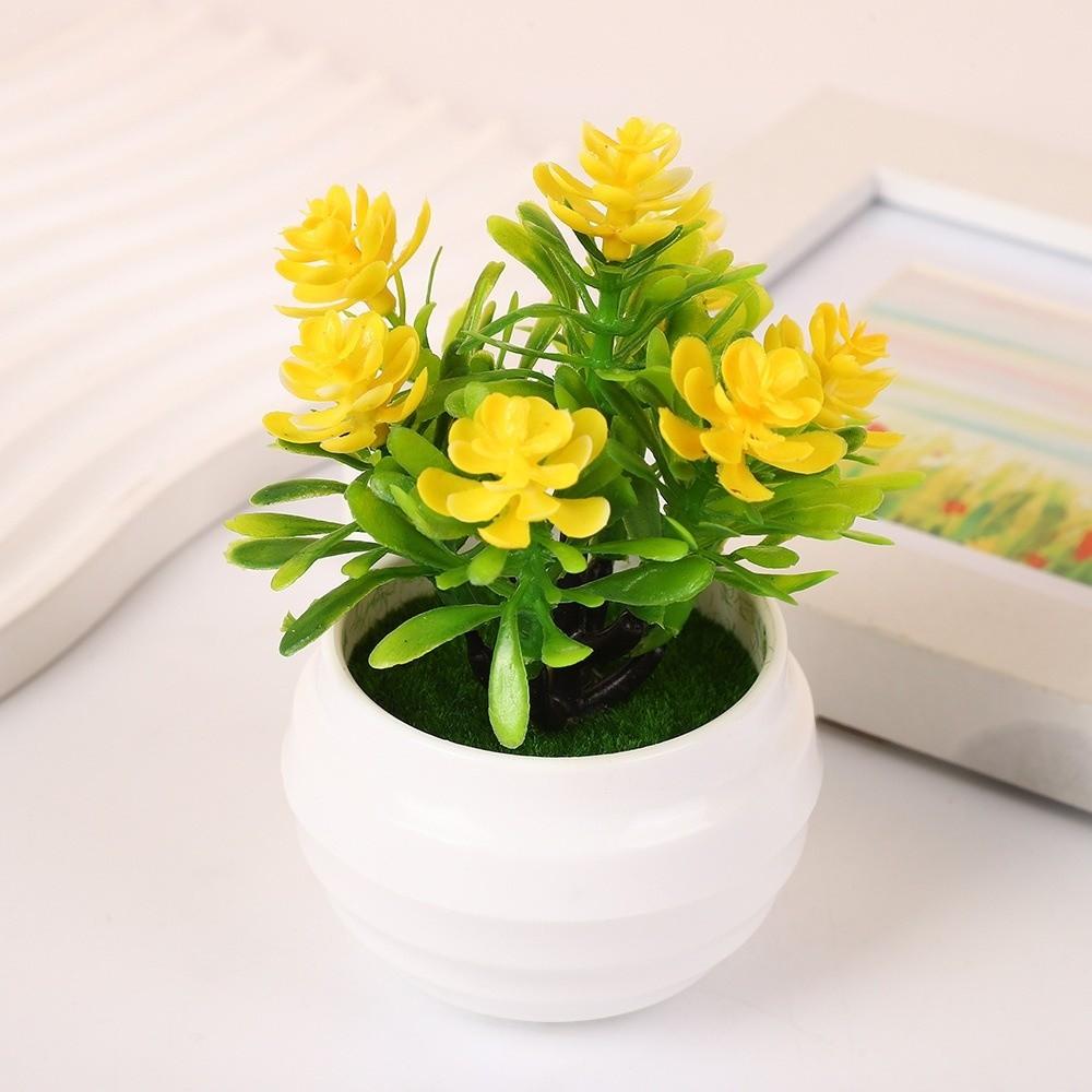 7 Flowers Artificial Potted Plant Small with White Pot Artificial Faux Plants Multi-Bloom Plastic Fake Flower Bonsai