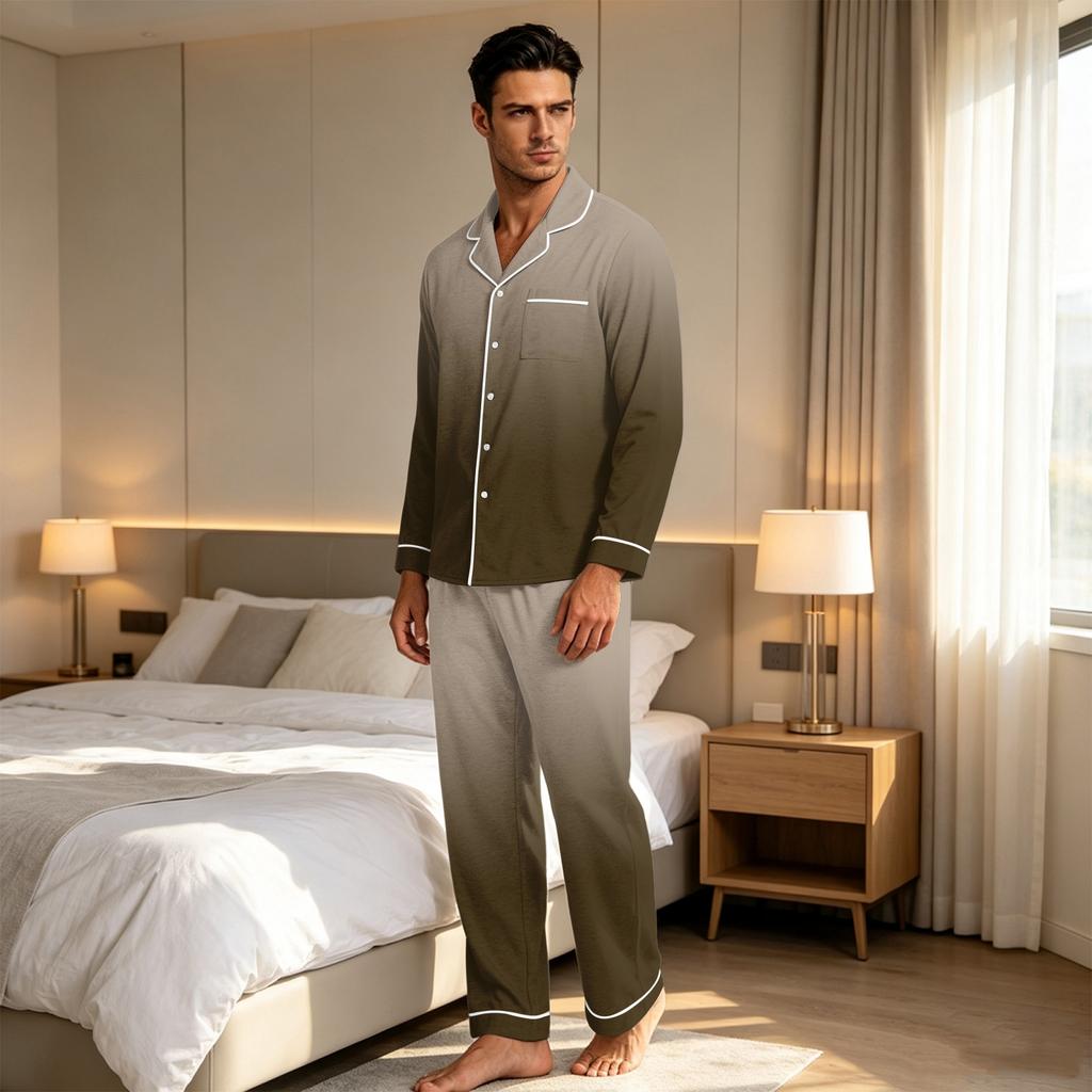 Men's Gradient Print Pajama Set: Loose Fit Lapel Cardigan & Straight Leg Pants - 2 Piece Sleepwear