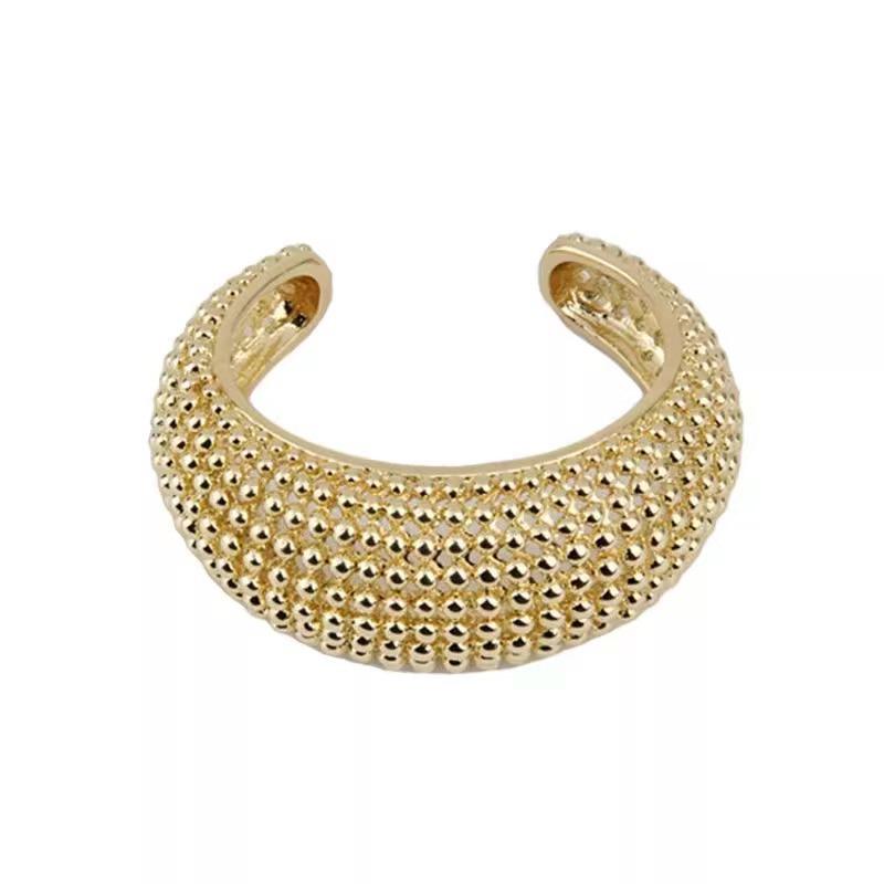 European Two-Tone Gold & Silver Wide Metal Bracelet for Women, Bean Texture, Open Cuff, Niche High-End Feel