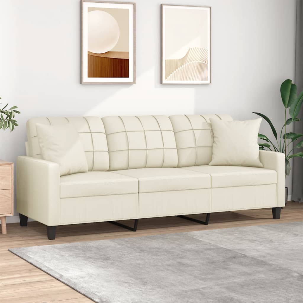 Vidaxl 3-Osobowa Sofa Z Poduszkami, Kremowa, 180 Cm, Sztuczna Skóra