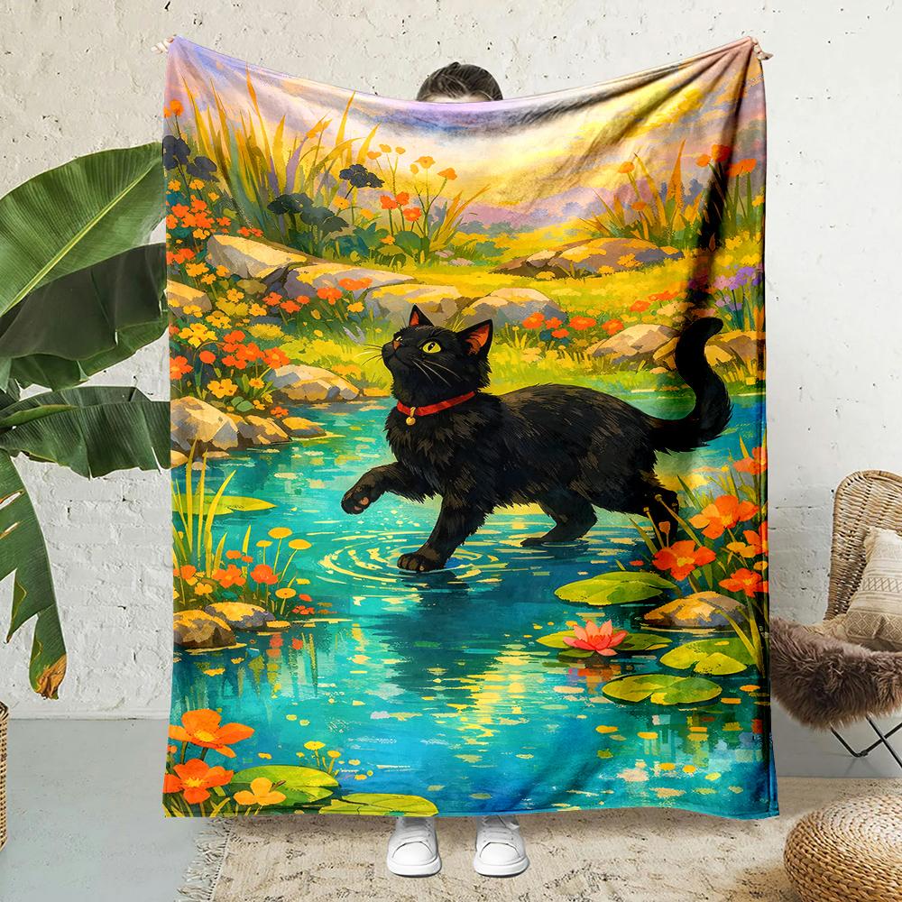 Black Cat Wading Stream Lily Pads Sunset Print Blanket Warm Soft Fluffy S and Adult Sofa Bed Throw Outdoor Travel Camping RV