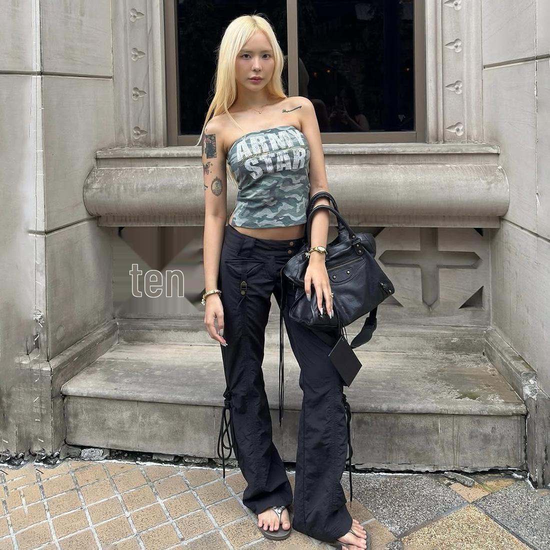 Autumn/Winter 2025 Women s Retro Letter Print Backless Bandeau Crop Top Medium камуфляжный