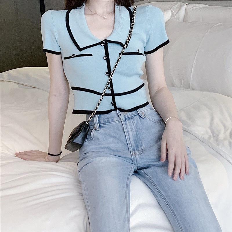 Summer Retro Color Block Knit Top with Turn-Down Collar - Slim Fit Ice Silk Short Sleeve Crop T-Shirt