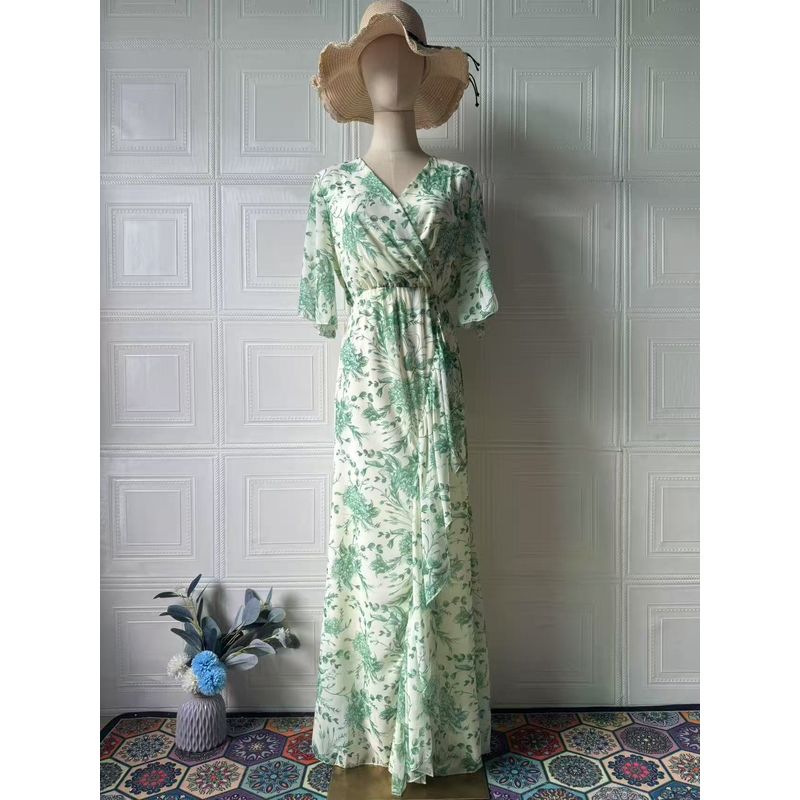 

Fashion Style New Arrival Print Sexy V-neck Short Sleeve Waist-Controlled Dress Dress Printed V-neck Dress Green Flowers L