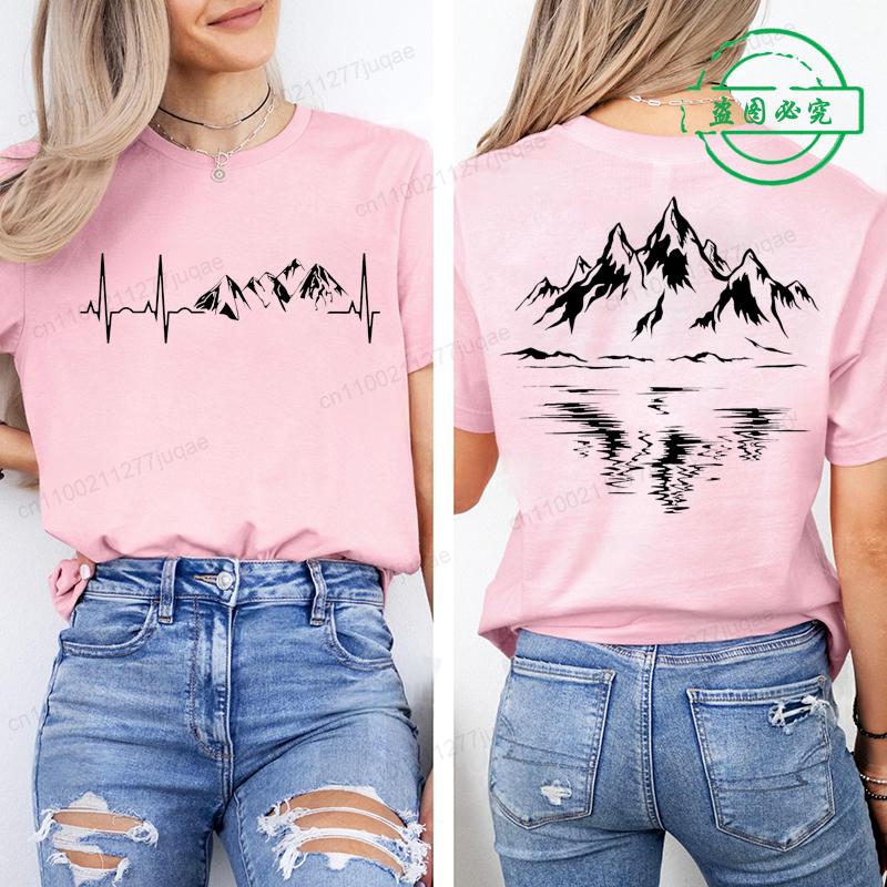 Mountain Print Women T-shirt Summer Outdoor Climbing Hiking Graphic Shirt Short-sleeved Top Outdoor Lovers Summer Lady T-shirt