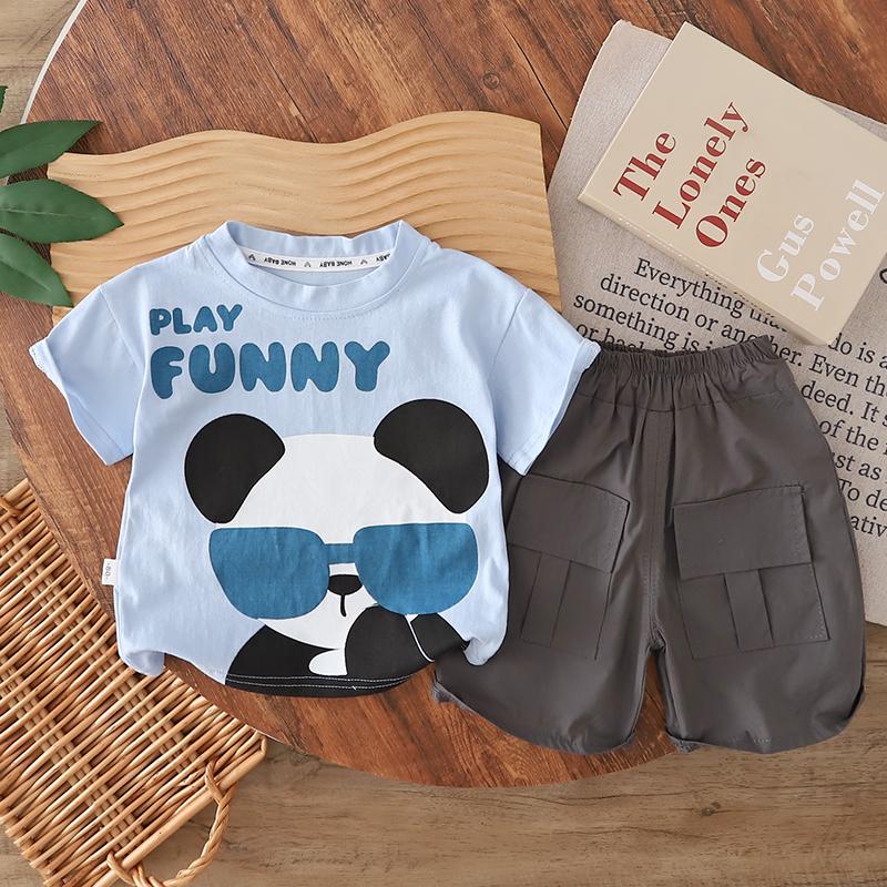 Toddler Boys 2Pcs Summer Outfit Cute Panda and koala Print Short Sleeve T-Shirt + Cargo Shorts Set S синий