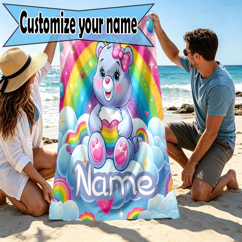 Custom Name Personalized Care Bears Print Beach Towel, for Trip Camping Beach Party Home Decor, Birthday Gift for Family & Friends