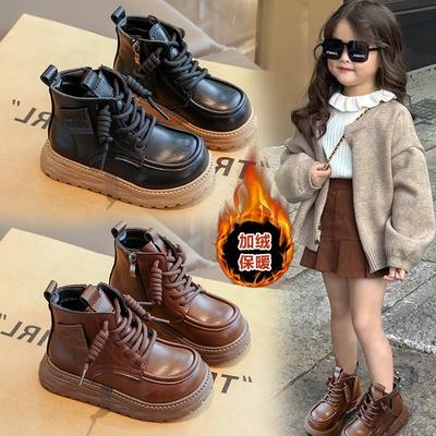 Bottes Martin en velours pour filles 2025 automne et hiver nouvelles bottines chaudes à semelles épaisses bottes en cuir pour enfants bottes en coton velours pour filles tendance