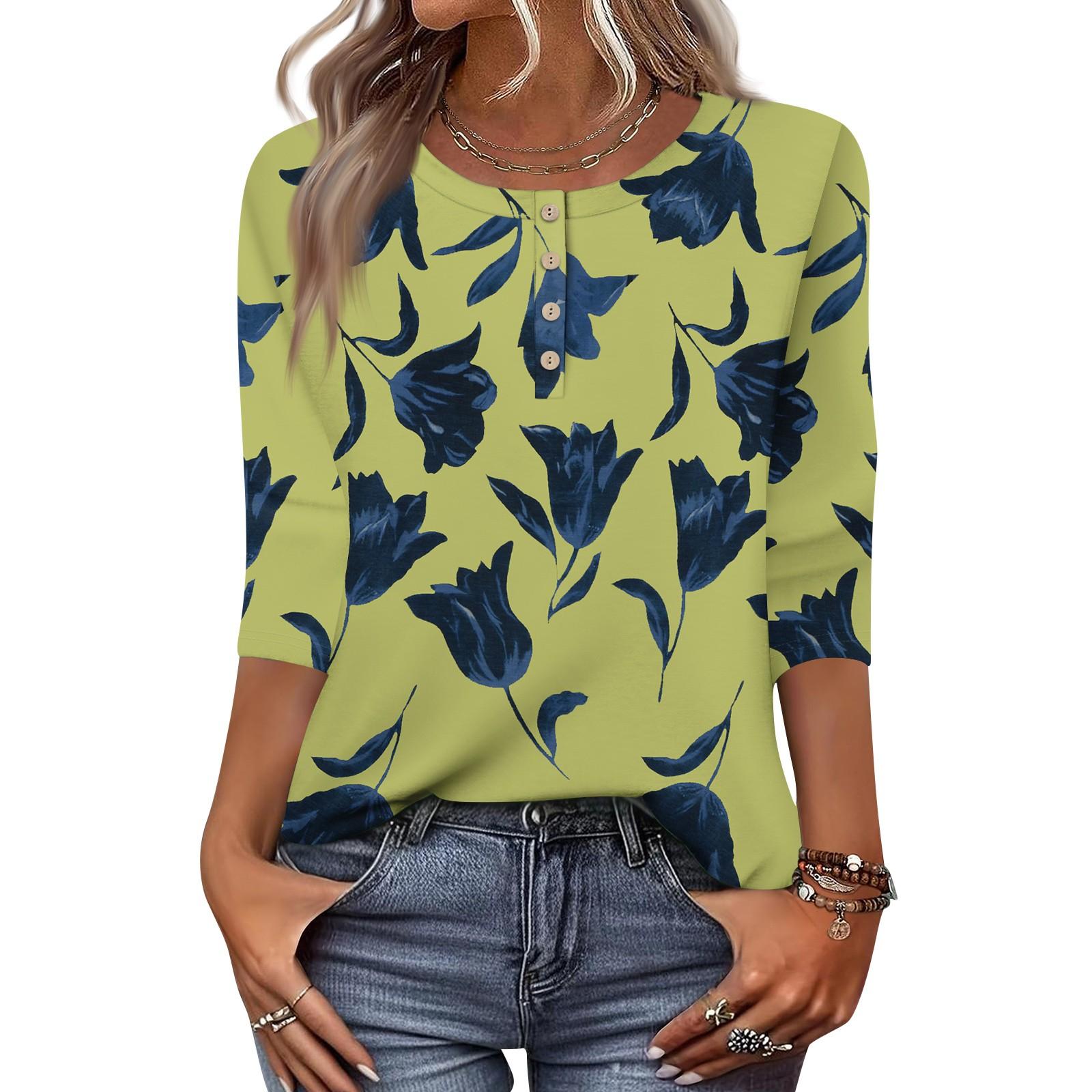 

Жіночі топи з рукавами 3/4, квіткові сорочки, сорочка на половину ґудзиків, літня блузка з круглим вирізом M жовтий