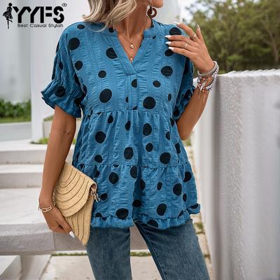 Women's Fashion Casual Summer Spring Polka Dot Print Short Sleeve V-Neck Blouses & Shirts