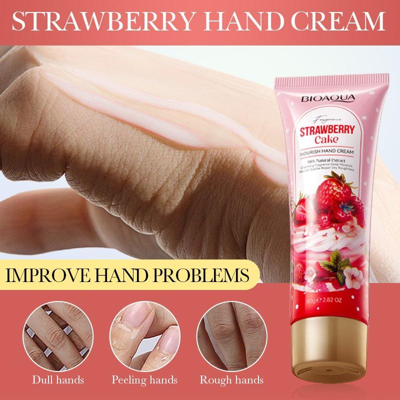 Strawberry Cake Nourishing Hand Cream Deeply Moisturizes and Nourishes The Skin. Targets Dry, Rough, Chapped Hands. Suitable for All Skin Types.