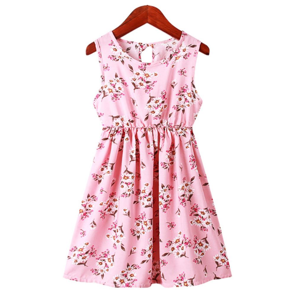 Girls Sleeveless Crew Neck Floral Print Short Dress Kids Casual Baggy Knee Length Dresses Summer