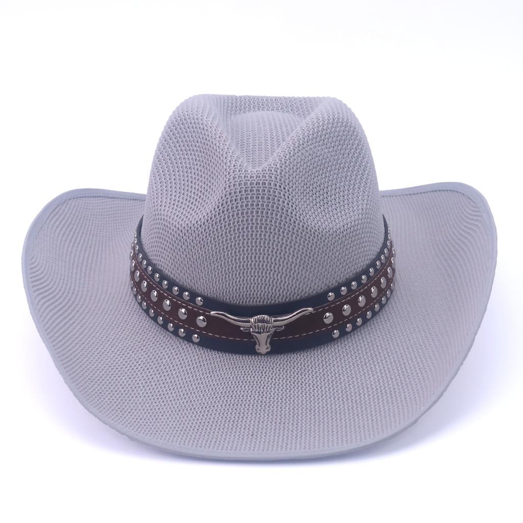 Hot-selling European, American and Western denim straw hat rivet bull head design hard hollow western denim hat