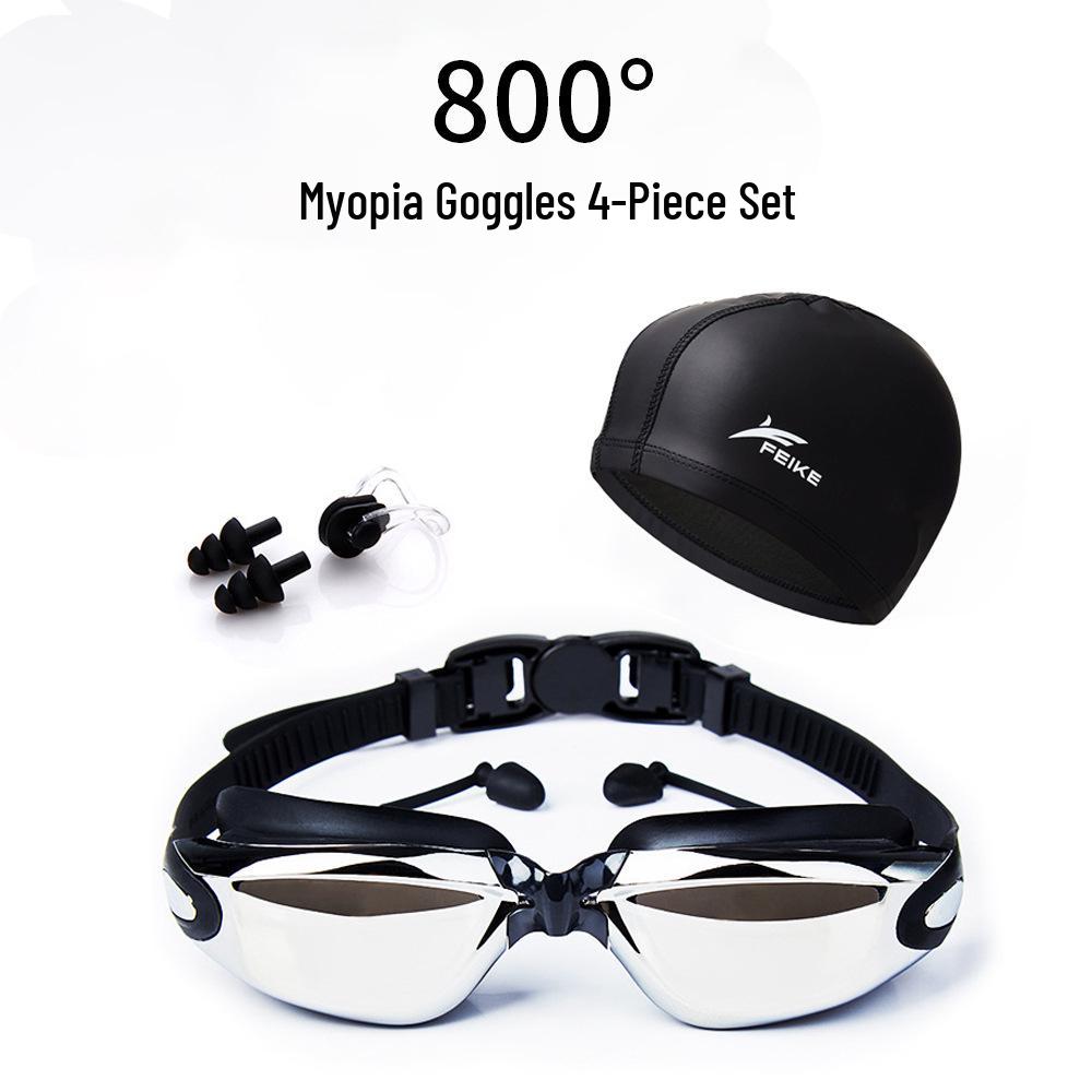 Fike High-Definition Waterproof Anti-Fog Swimming Goggles Set with Swim Cap, Large Plated Frame, Unisex