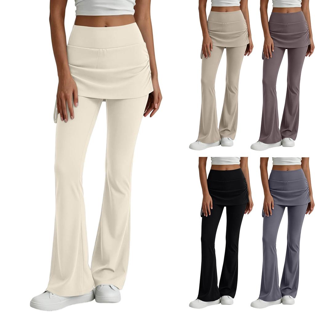 Damen High Waist Schlag-Yogahose mit Rock-Überlage Dehnbare Weitbeinige Hose für Freizeit-Fitnessaktivitäten