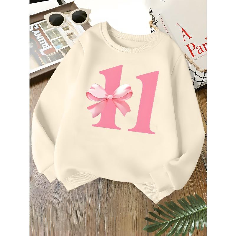 Kids Unisex Crewneck Sweatshirt, Cute Pink Bow Number 11 Birthday Print Soft Fleece Long Sleeve Pullover For Boys Girls Over 4 Years Old