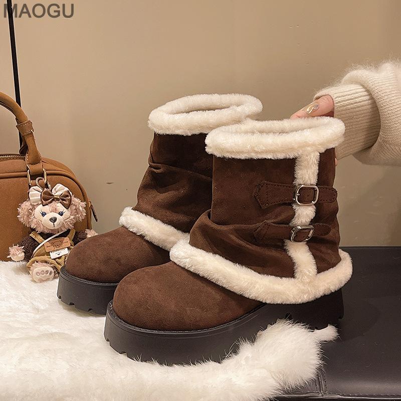 Vintage Platform Brown Snow Boots Women's Winter Plush Warm Furry Cotton Shoes Soft Leather Mid-Calf Boots for Women Botas Mujer