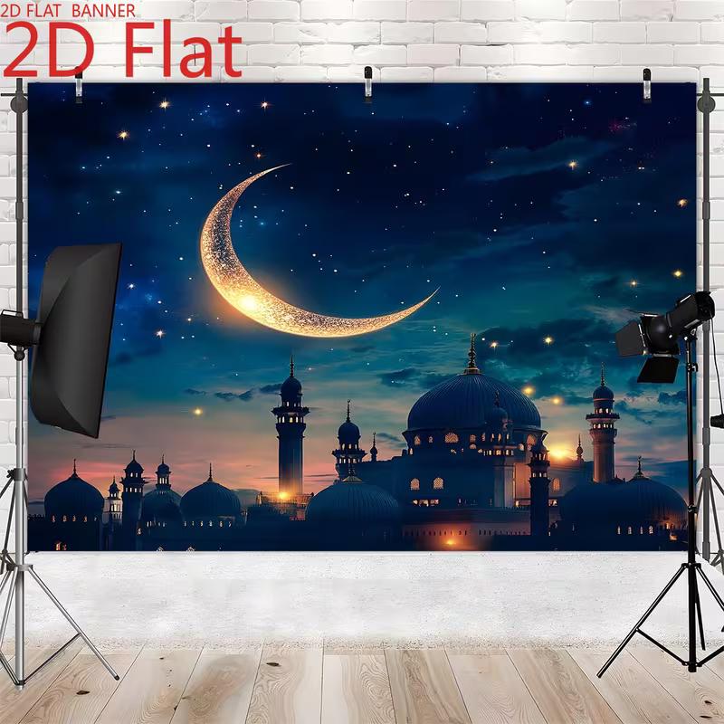 2D Islamic Mosque Crescent Moon Backdrop, Ramadan Festival Photography Background