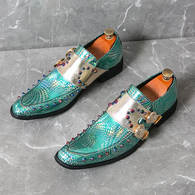 Couple Blue Enchantress Chelsea Boots Pointed Large Size High Heel Men's Leather Shoes Metal Spike Loafers