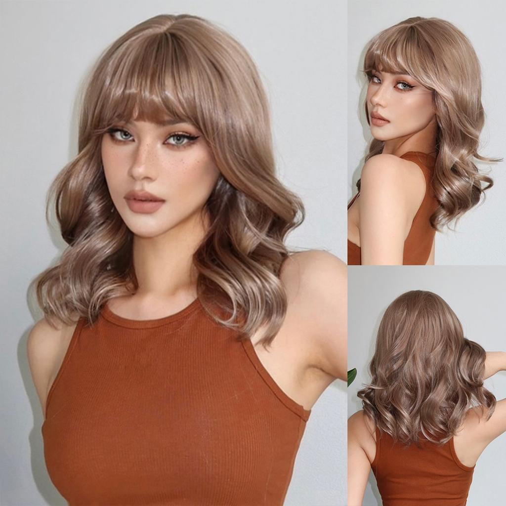 EASIHAIR Short White Bob Synthetic Wigs Short Wavy Lolita Natural Hair Wigs with Bangs for Women Heat Resistant Cosplay Wig