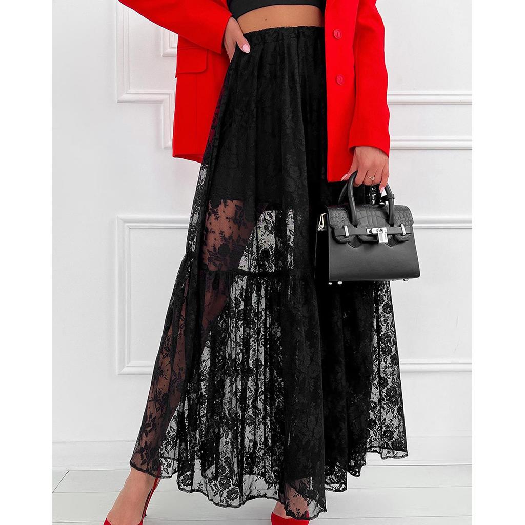 Saia Longa Elegante de Renda Floral Cintura Alta 2025 Primavera e Verão Moda Feminina Vazada Fresca Macia Casual Férias Praia