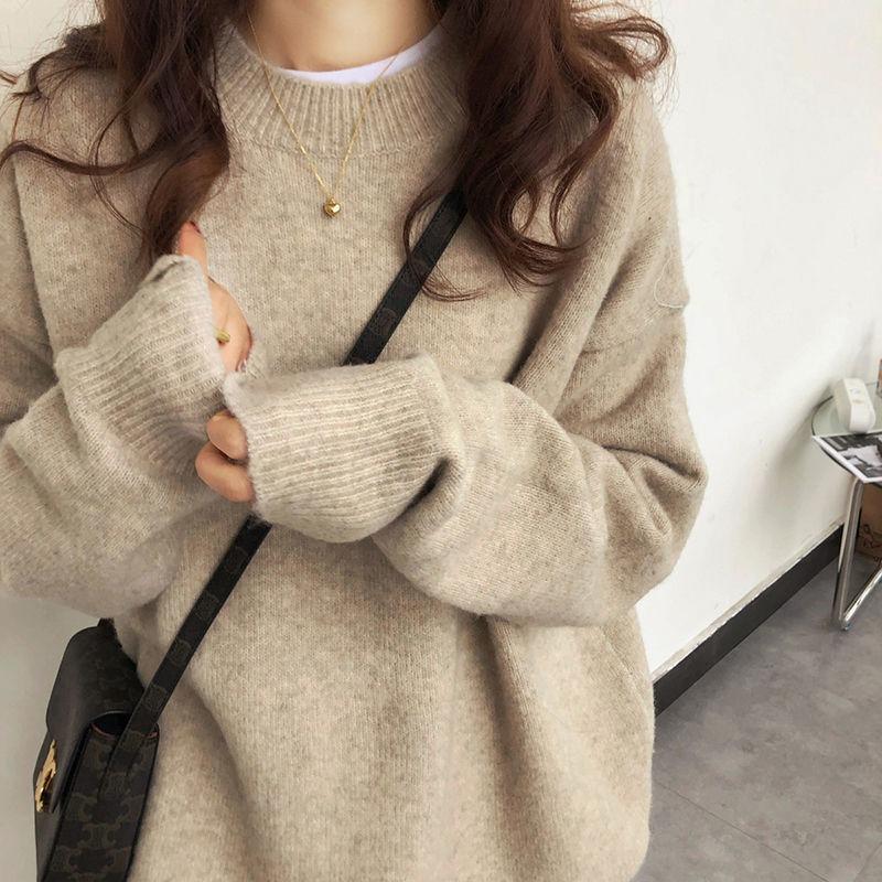 Crew neck sweater women's outerwear college knitted sweater pullover fattened to increase the lazy style top with coat base