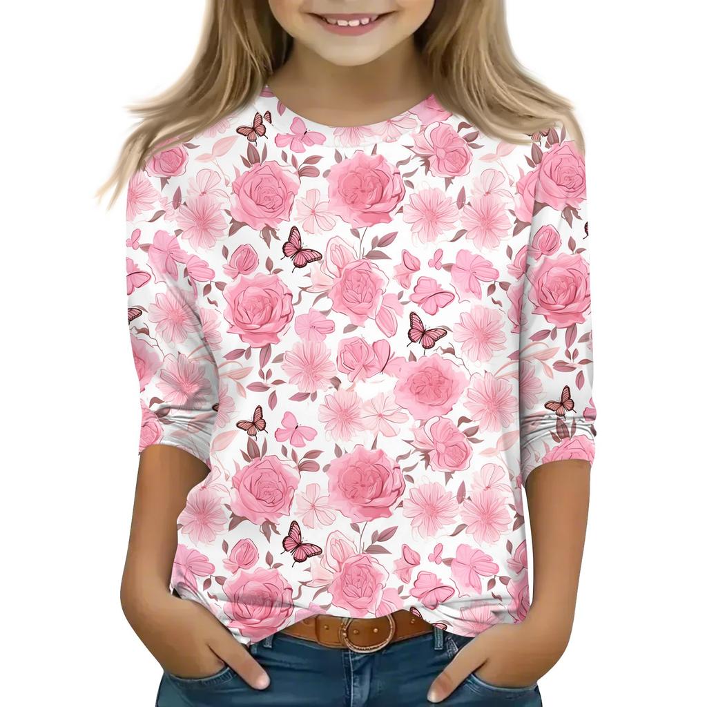Print Tops For Youth Girls 5-16 Years Round Neck 3/4 Sleeves T-Shirts Trendy Tops Outfit Tees