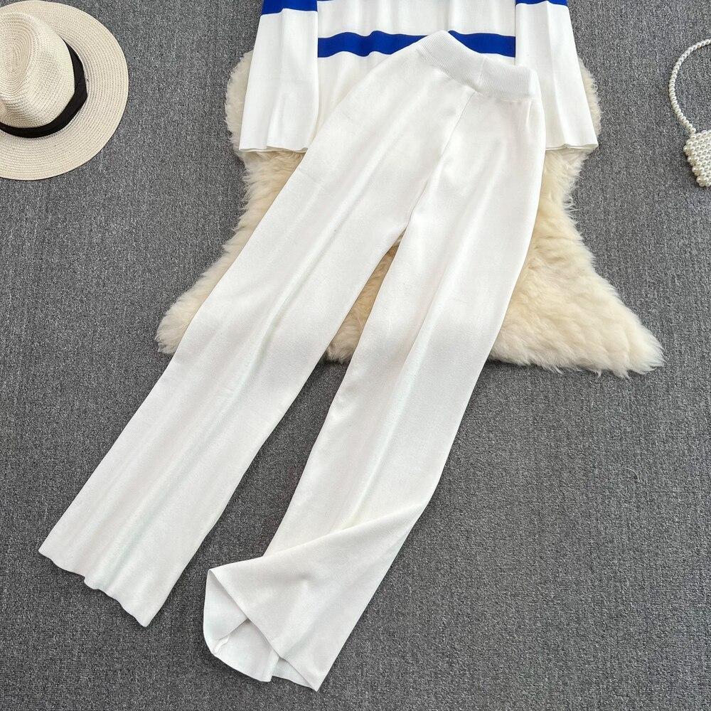 Modny garnitur damski na co dzień ze stójką i zamkiem błyskawicznym w paski, dzianinowy top dwuczęściowy zestaw z wysokim stanem, prostymi rurkami, długimi spodniami z szerokimi nogawkami