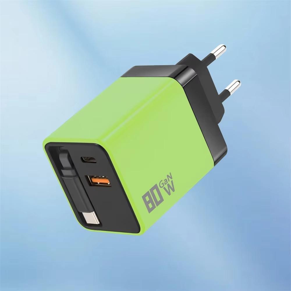 Retractable Cable Fast Charger 80W Power USB C Charger 3 in 1 PD Fast Charging Travel Use